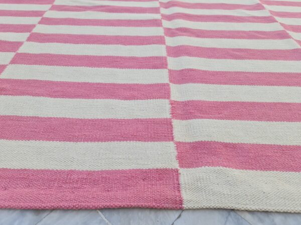 Pink and White Striped Flatweave Wool Rug - Image 3