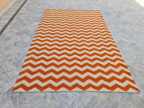 Orange and White Zigzag Flatweave Wool Rug