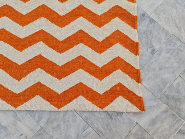 Orange and White Zigzag Flatweave Wool Rug - Image 4