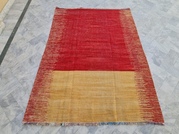 Yellow and Red Striped Flatweave Wool Rug - Image 3