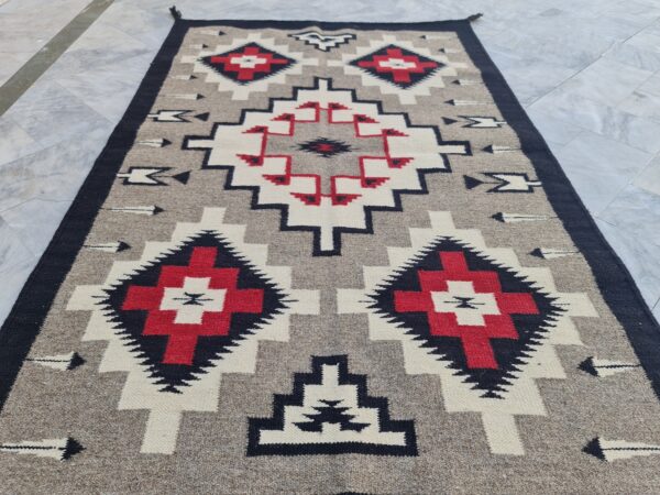 Red, Black, and Multicolor Navajo Flatweave Wool Rug - Image 8