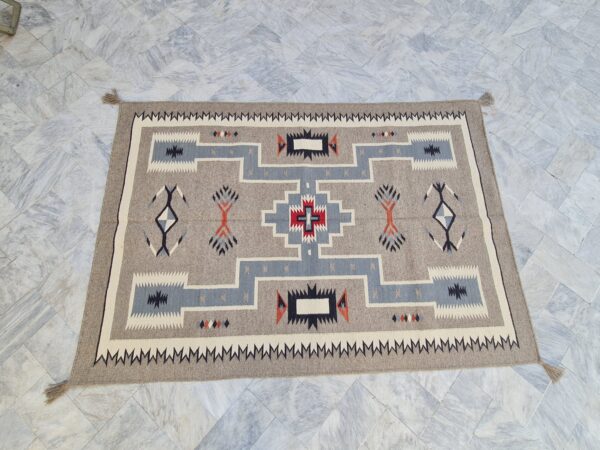 Brown, Blue, and Multicolor Navajo Flatweave Wool Rug - Image 3