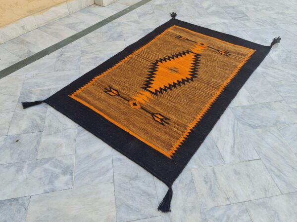 Orange, Black, and Multicolor Navajo Flatweave Wool Rug