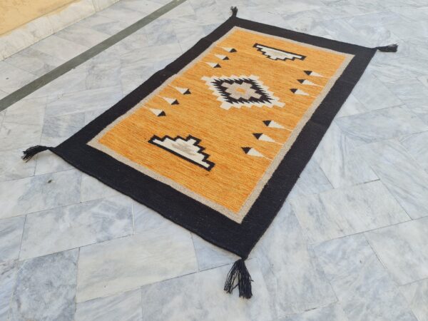 Orange, Black, and Multicolor Navajo Flatweave Wool Rug