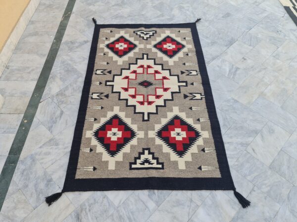 Red, Black, and Multicolor Navajo Flatweave Wool Rug