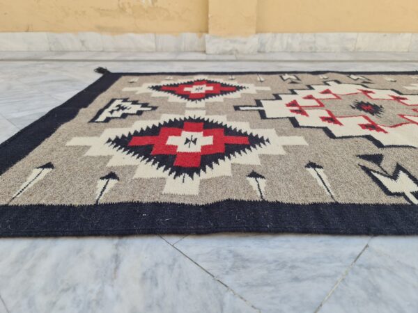 Red, Black, and Multicolor Navajo Flatweave Wool Rug - Image 9