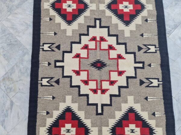 Red, Black, and Multicolor Navajo Flatweave Wool Rug - Image 7