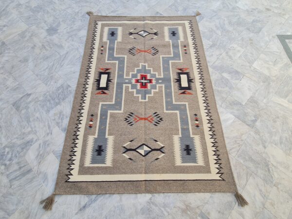 Brown, Blue, and Multicolor Navajo Flatweave Wool Rug