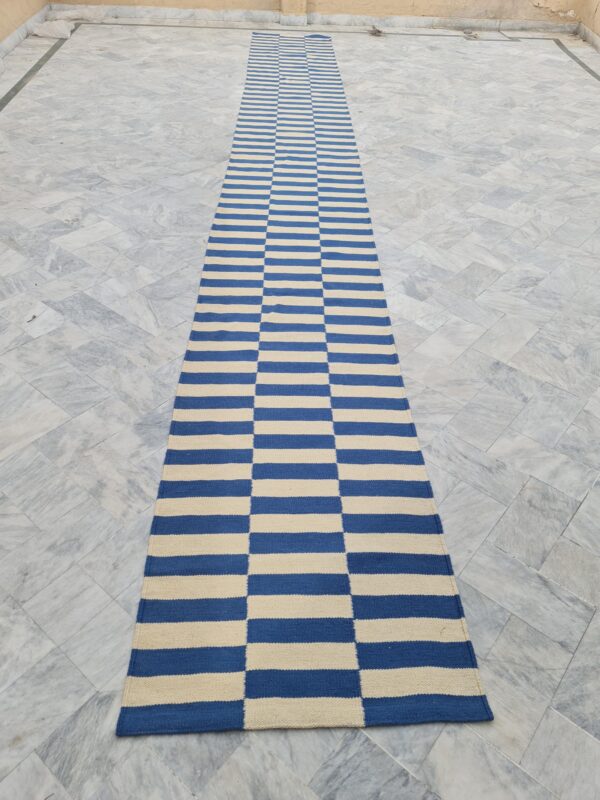 Blue and White Striped Flatweave Wool Runner - Image 2