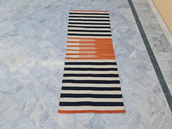 Orange, Black, and Multicolor Striped Flatweave Wool Runner