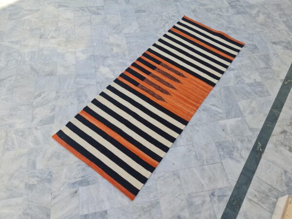 Orange, Black, and Multicolor Striped Flatweave Wool Runner