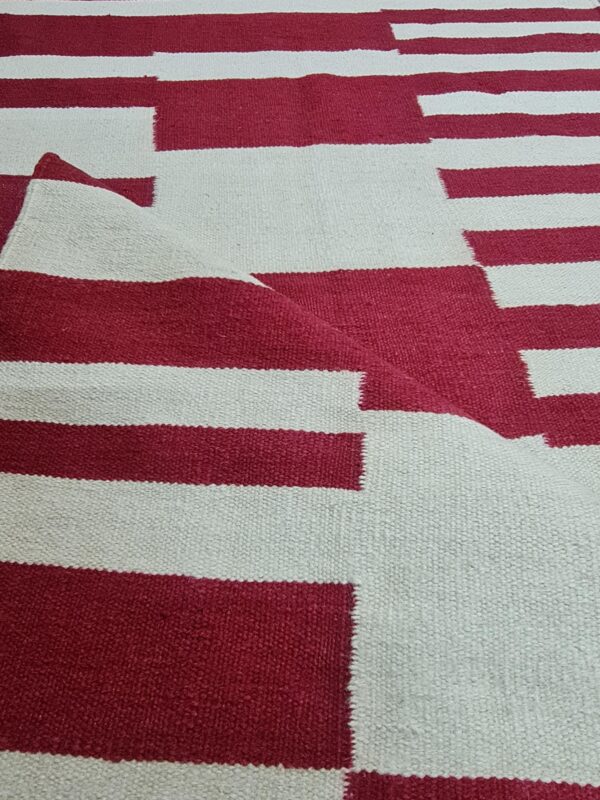 Red and White Striped Flatweave Wool Rug - Image 8