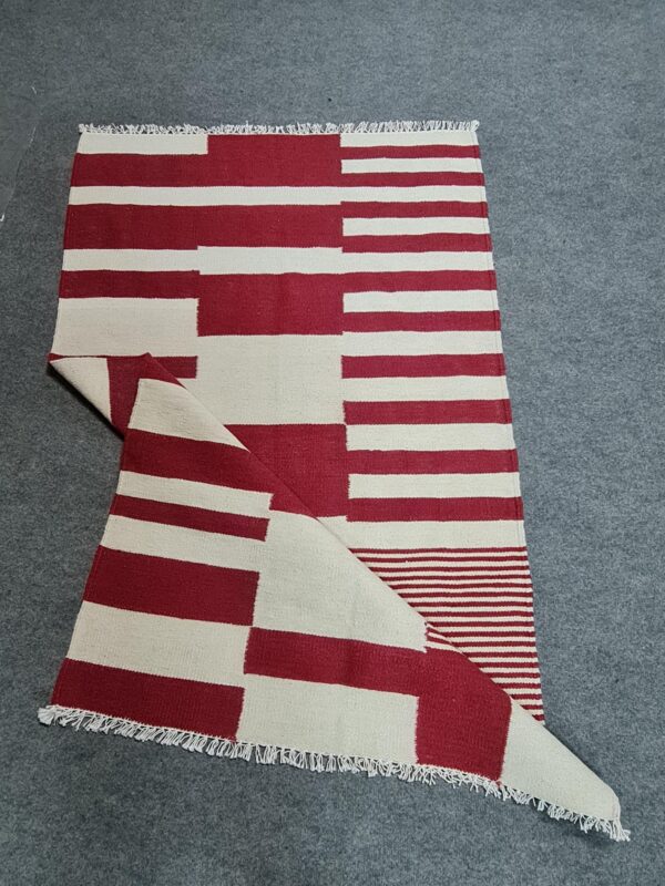 Red and White Striped Flatweave Wool Rug - Image 7