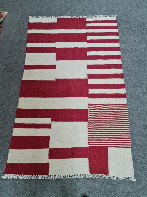 Red and White Striped Flatweave Wool Rug - Image 3