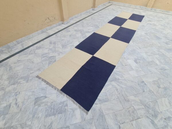 Blue and White Checkered Flatweave Wool Runner - Image 2