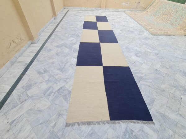 Blue and White Checkered Flatweave Wool Runner