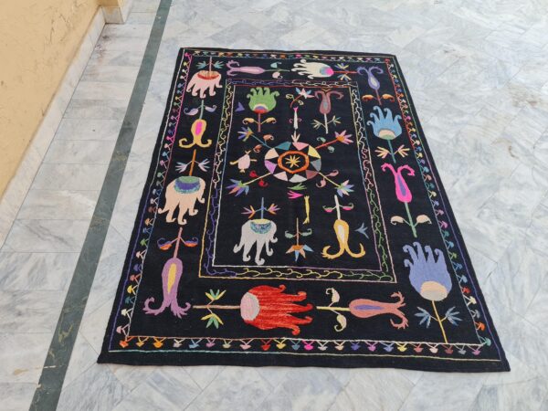 Black and Multicolor Suzani Embroidered Wool Rug