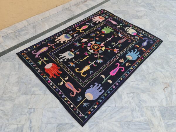 Black and Multicolor Suzani Embroidered Wool Rug - Image 3