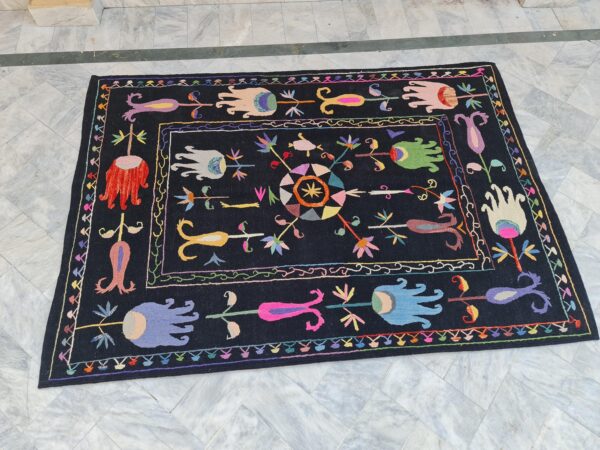 Black and Multicolor Suzani Embroidered Wool Rug - Image 4