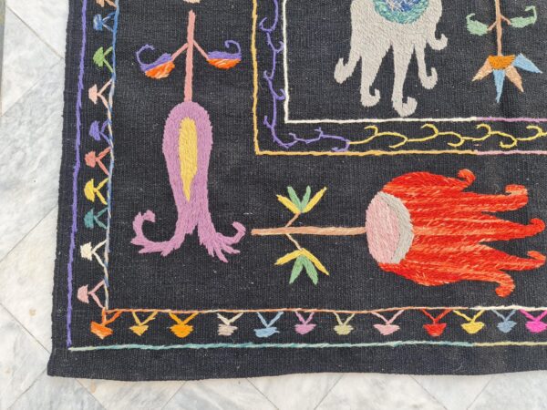 Black and Multicolor Suzani Embroidered Wool Rug - Image 5