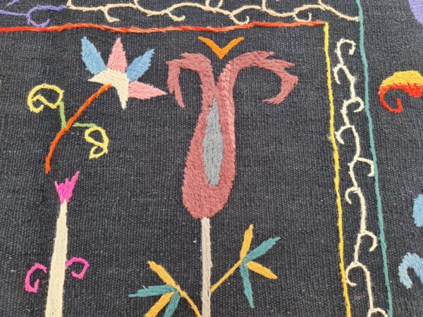 Black and Multicolor Suzani Embroidered Wool Rug - Image 9