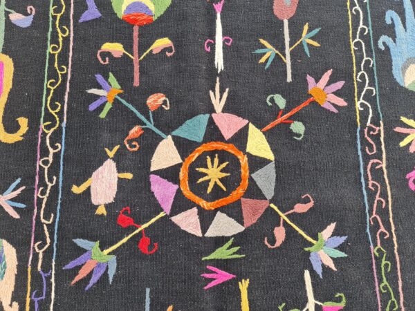 Black and Multicolor Suzani Embroidered Wool Rug - Image 7