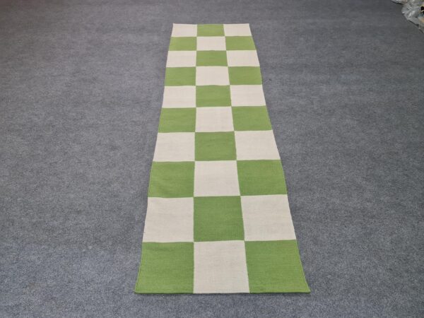 Green and White Checkered Flatweave Wool Runner