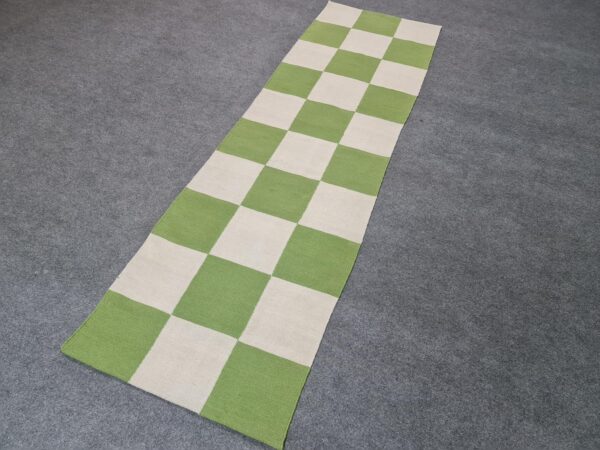 Green and White Checkered Flatweave Wool Runner - Image 3