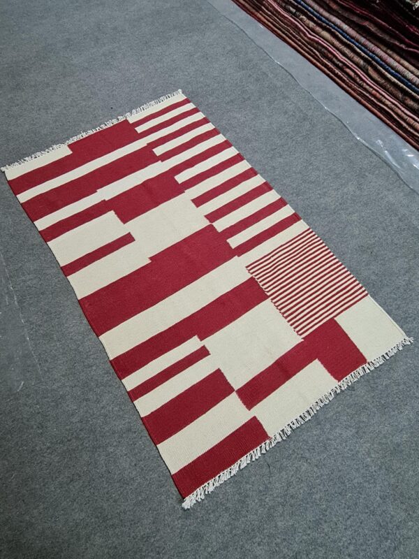 Red and White Striped Flatweave Wool Rug - Image 5