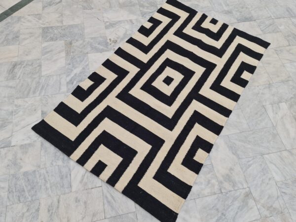 Black and White Geometric Patten Flatweave Wool Rug for Dinning room - Image 2