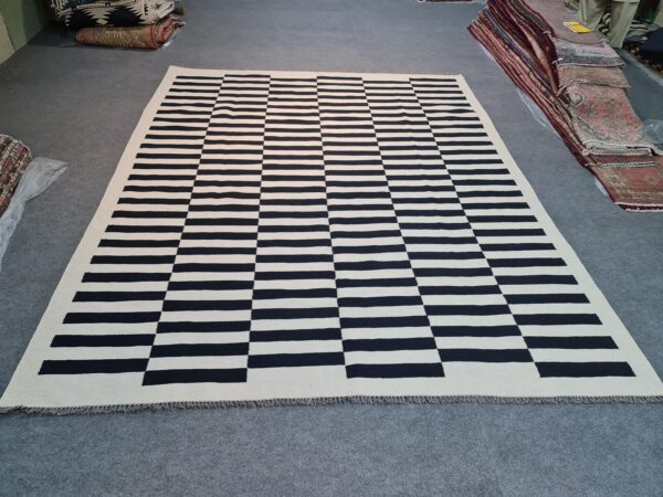 Black and White Striped Flatweave Wool Rug for High-Traffic Spaces