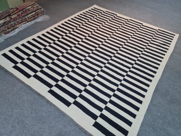 Black and White Striped Flatweave Wool Rug for High-Traffic Spaces - Image 3