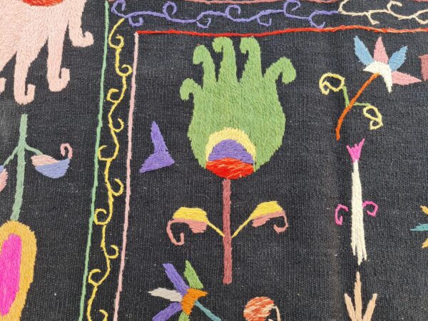 Black and Multicolor Suzani Embroidered Wool Rug - Image 8