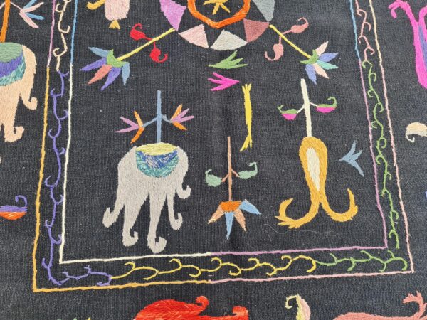 Black and Multicolor Suzani Embroidered Wool Rug - Image 6