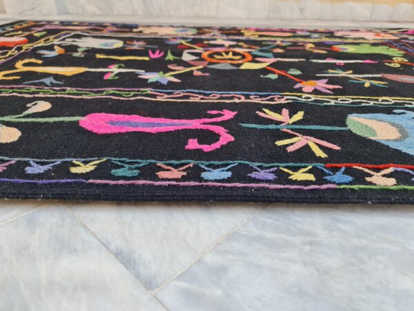 Black and Multicolor Suzani Embroidered Wool Rug - Image 2