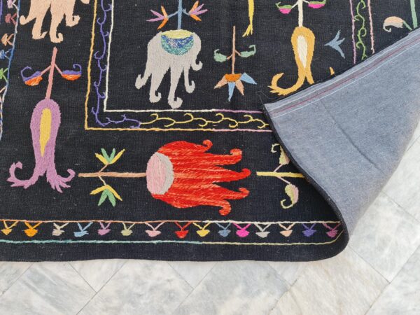 Black and Multicolor Suzani Embroidered Wool Rug - Image 10